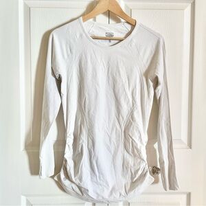 Athleta White & Silver Shimmer Long Sleeve Ruched Workout Shirt W/ Thumb Holes M